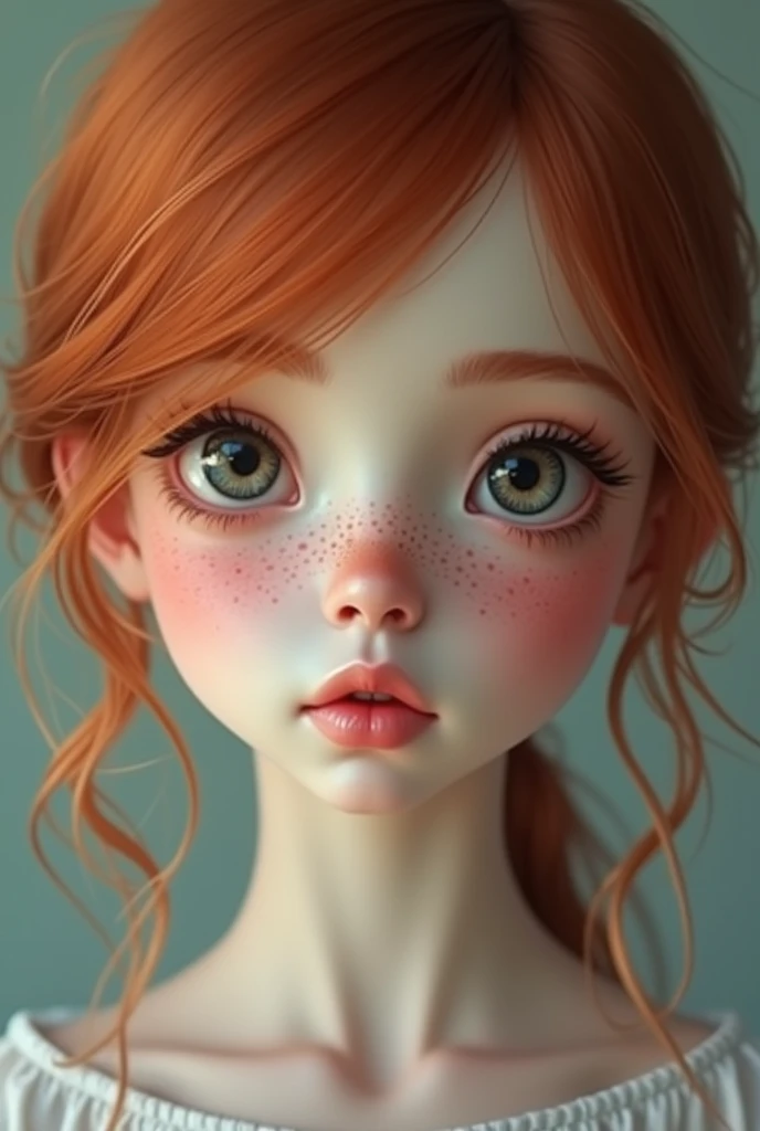 redhead,  girl, freckles only on the cheek, dolleyes, dollface, realistic girl pretty, 16 years, c, [realistic] cute girl with 15 years