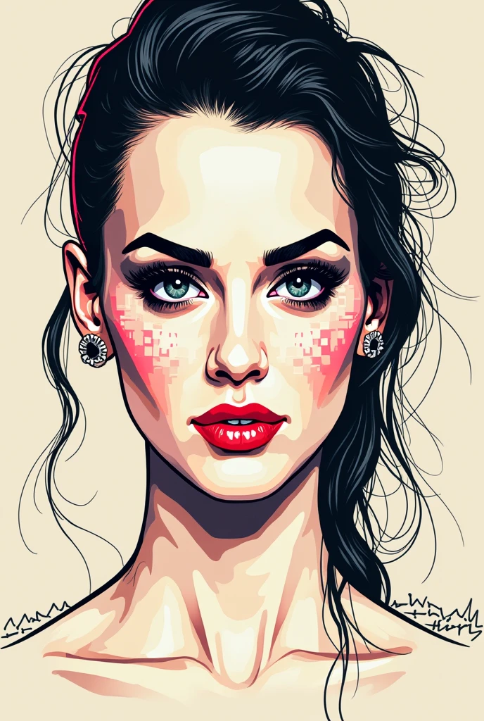 The singer katy perry's face with art style of line art geometric square pixel art sketches without prefect lines
