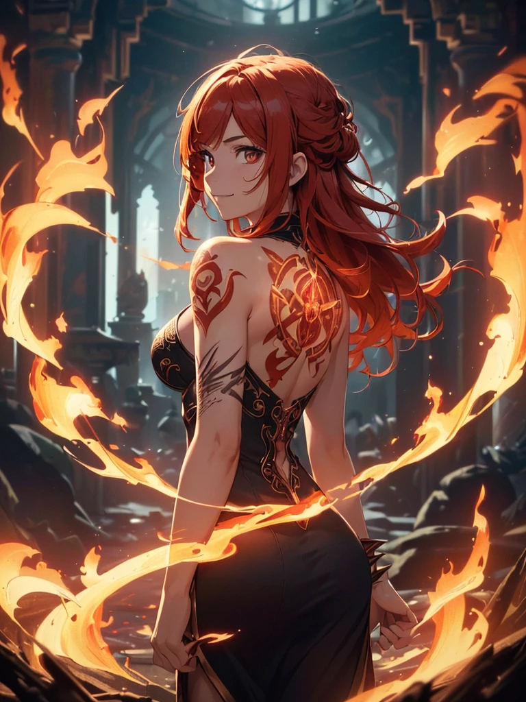 (((best quality, sharp image, clear image, cinematic lighting, 8k resolution, masterpiece, ultra detailed, intricate))) Girl, (((looking over left shoulder))), (shot from behind), fire mage, ((intricate background)), ((chaotic background)), red hair, smiling, ((flame runes, flame sigils)), (tatoo on back), slim figure, flying sigils