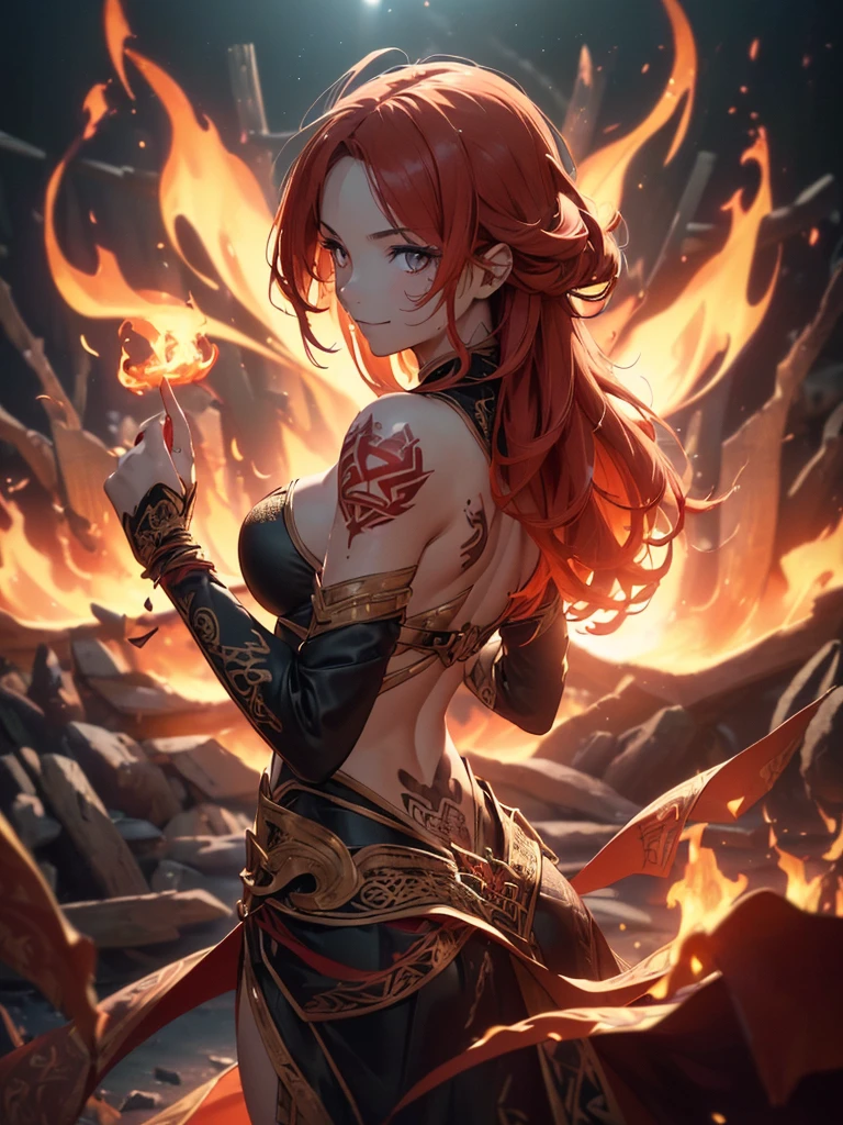 (((best quality, sharp image, clear image, cinematic lighting, 8k resolution, masterpiece, ultra detailed, intricate))) Girl, (((looking over left shoulder))), (shot from behind), fire mage, ((intricate background)), ((chaotic background)), red hair, smiling, ((flame runes, flame sigils)), (tatoo on back), slim figure, flying sigils