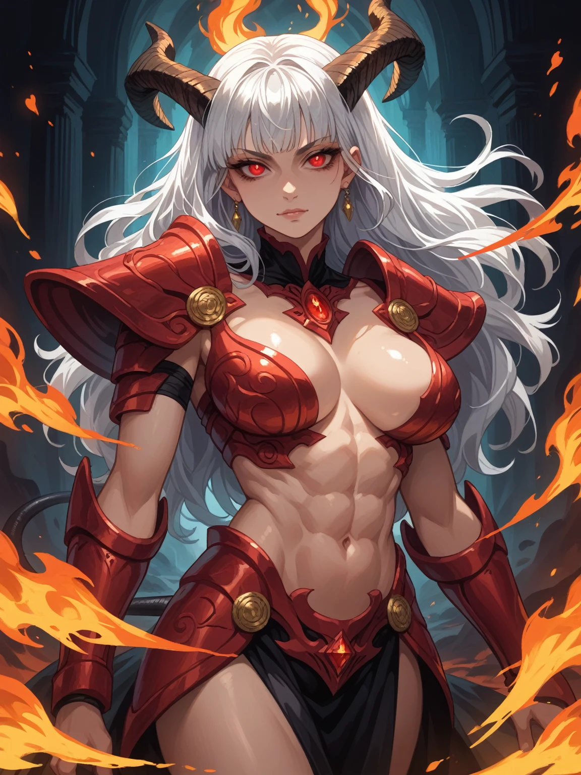 Masterpiece, very detailed, ultra detailed, one, (1 woman), Athletic body, six pack abs, she is in full futuristic red armour with bright gold details, with a fiery sword in the hand and in the battle position, long hair and short bangs and tied hair in the tail, bright white hair, white demonic horns, beautiful, charming, bright red eyes, elegant, big breasts (huge), neutral face, calm face, charming, against the background of fire, flame and lava.