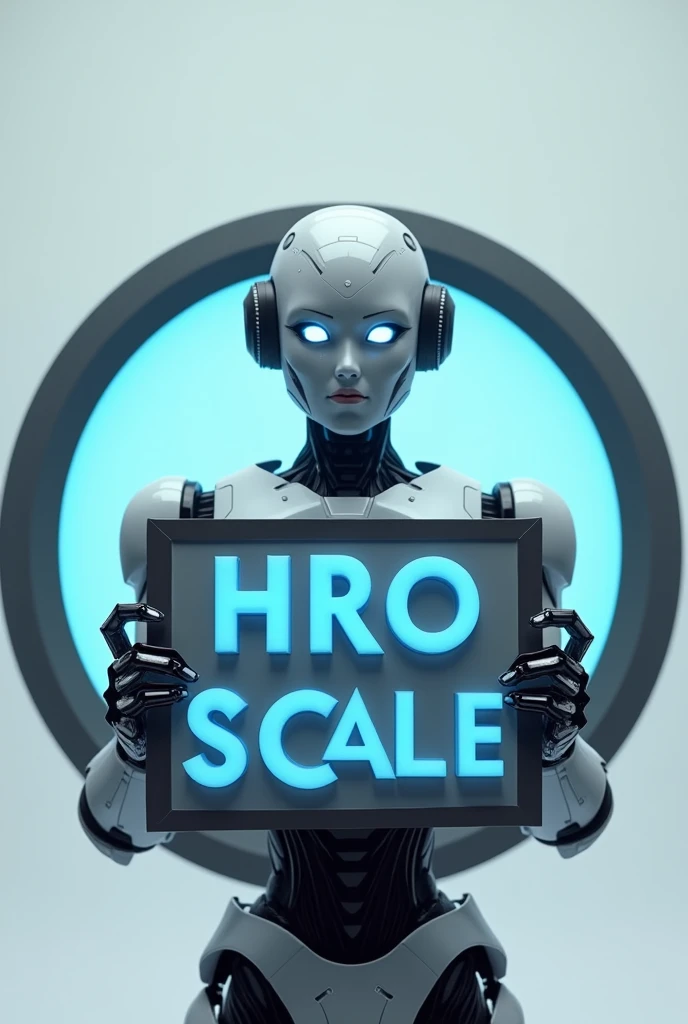 round photo of a robot holding a sign in blue and gray colors