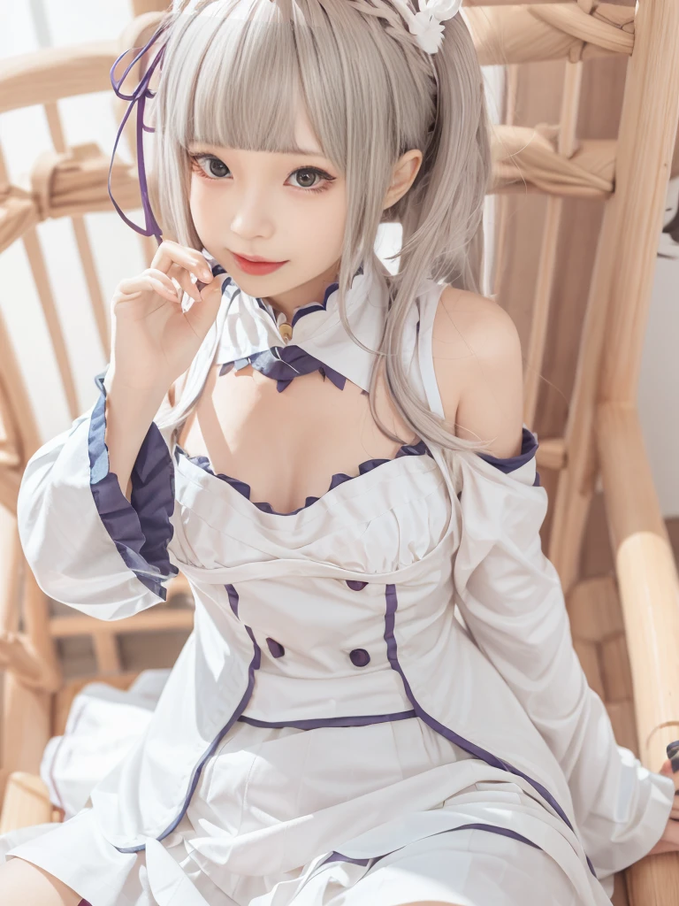 Highest quality、High resolution、Ultra-detailed、8k, Emilia、Emilia Masterpiece、Highest quality, In the castle courtyard, Bans, Clothes are white, 長いsleevemouth, just_shoulder, dull_前hair, Blurred, Blurred_background, Blurred_prospect, blush, Braid, big breats,sexy body,chestout, chestの谷間, Closed_mouth, cloud, crown_Braiding, Tag, depth_In_Field, independent_sleeve, dress, Emilia_\(Again:Stay Night\), eyebrows_appear_Through_hair, flower柄, Precious stones, hair_flower, hair_Decorations have been removed, hair_ribbon, lens_Flare, length_hair, look up_in_Audience, low_length_hair, Moderate_chest, One_eye_Closed, Plein Air, Pleats_skirt, Spiky_ear, purple_eye, purple_ribbon, ribbon, Silver_hair, skirtの, null, Laughter, solo, very_length_hair, white_flower