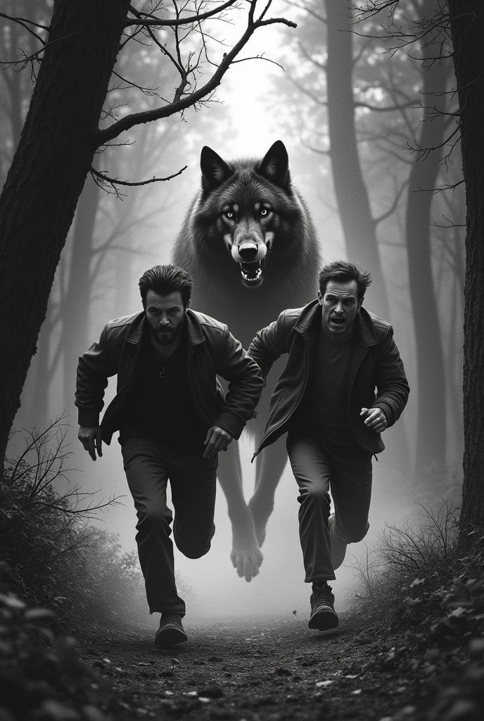 Two men running in woods they're scared by the wolf behind them,a black wolf staring behind them,in Side image black and white frame in wide shot