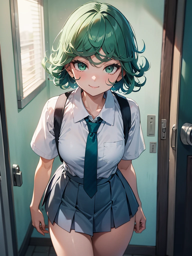 (high res, 8K, masterpiece, looking at viewer, best quality, very aesthetic, ultra detailed, ultra background, ultra Eyes) intricate details, 1girl, Tatsumaki, short sleeved white shirt, Light Blue Gray short skirt, Pockets on the left chest, light Blue Gray tie, green short hair, green eyes, Smile Face, Background School Hallway, Cinematic Angle