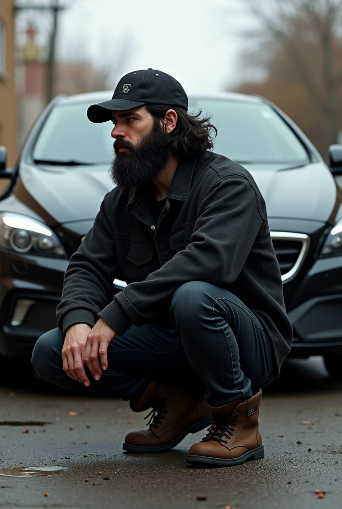 Create a picture of a young man. The man has a dark beard and black hair. The man has a cap on, the cap points backwards. The man kneels in the Russian squat in front of a Volvo V40 car. The car is black.