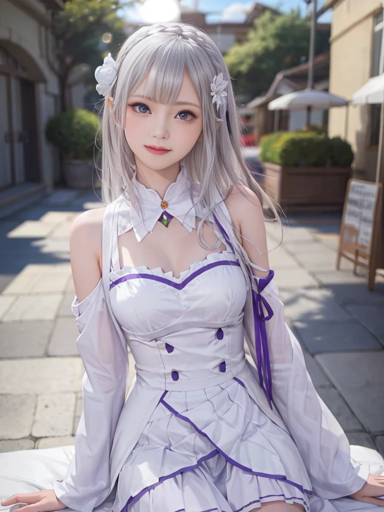 Highest quality、High resolution、Ultra-detailed、8k, Emilia、Emilia Masterpiece、Highest quality, In the castle courtyard, Bans, Clothes are white, 長いsleevemouth, just_shoulder, dull_前hair, Blurred, Blurred_background, Blurred_prospect, blush, Braid, big breats,sexy body,sexy,chestout, chestの谷間, Closed_mouth, cloud, crown_Braiding, Tag, depth_In_Field, independent_sleeve, dress, Emilia_\(Again:Stay Night\), eyebrows_appear_Through_hair, flower柄, Precious stones, hair_flower, hair_Decorations have been removed, hair_ribbon, lens_Flare, length_hair, look up_in_Audience, low_length_hair, Moderate_chest, One_eye_Closed, Plein Air, Pleats_skirt, Spiky_ear, purple_eye, purple_ribbon, ribbon, Silver_hair, skirtの, null, Laughter, solo, very_length_hair, white_flower