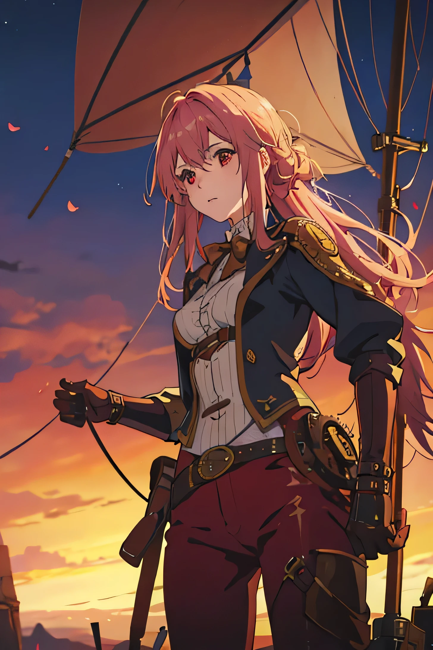 The girl holds onto the net looking into the distance. Rose gold hair. Scarlet eyes. Fantasy Clothing. trousers. steampunk.