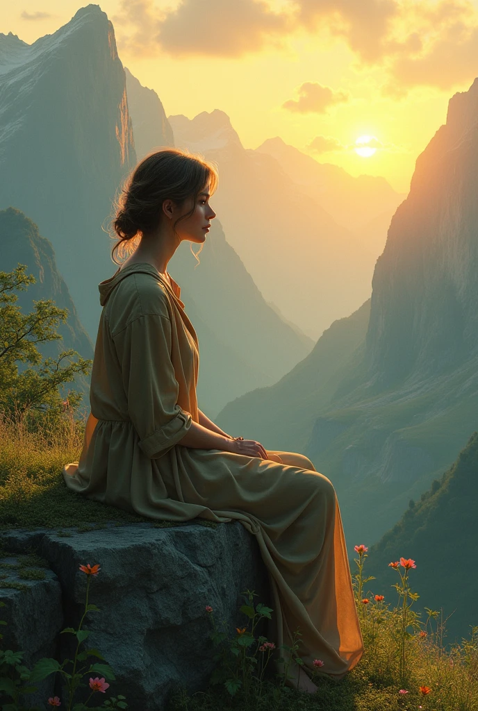 A lonely lady sitting in the nature in evening, feeling the beautiful scenario of mountains and greenery nature's beauty and cute creatures