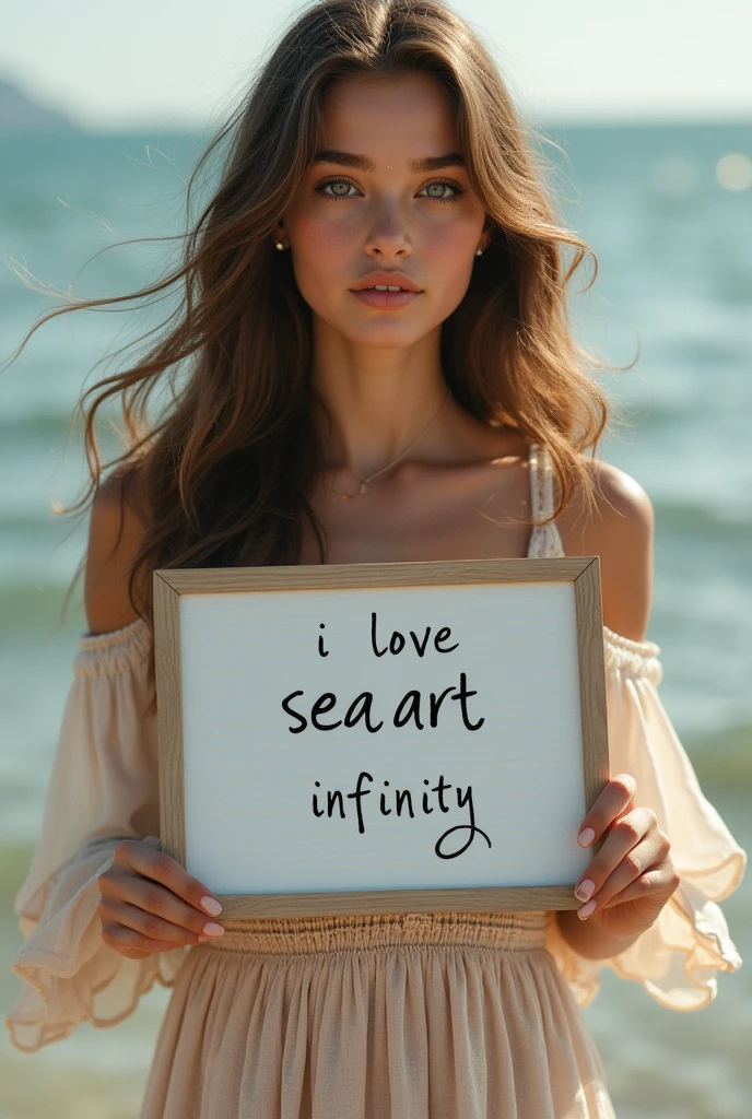 Beautiful girl with wavy long hair, bohemian dress, holding a white board with text "I Love Seaart Infinity" and showing it to the viewer