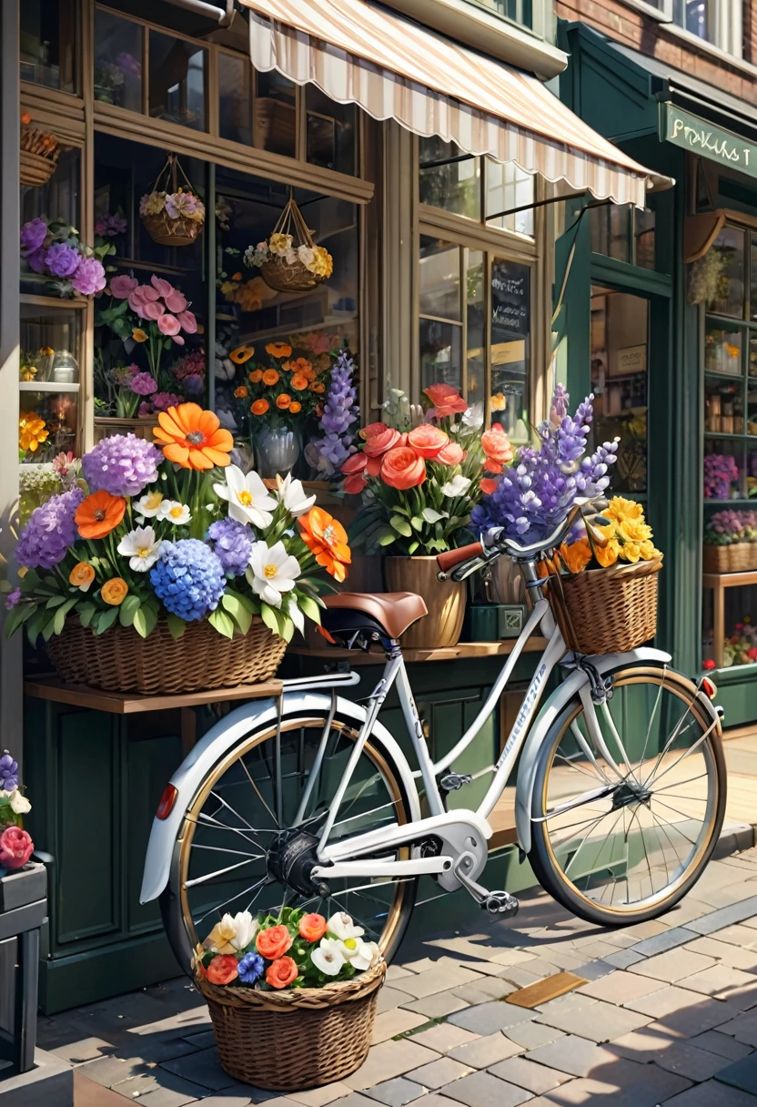 ( Correct and perfect anatomy )(close up) A basket brimming with fresh flowers. A detailed and intricate bicycle parked beside the flower shop. A detailed and complex, perfectly artistic illustration. Delicate, realistic, high detail. Best quality. ( Correct and perfect anatomy ) Ultra-detailed animation art and visual effects masters perfectly compose intricate digital art