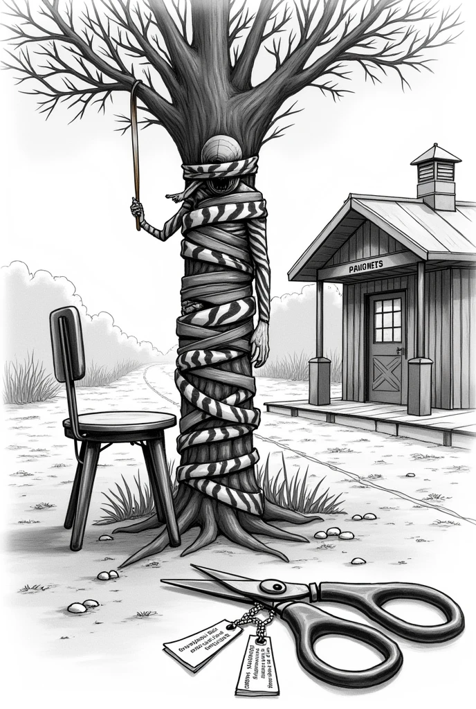 I want you to generate an image in the form of a sketch of a man with those zebra-striped tapes, he is tied to a tree with those zebra-striped tapes, those perimeter isolation tapes, intertwined with a tree completely bandaged and tied, right? A tree in front of a small train station. This small station has some grass and some vegetation, since one of these people will be completely bandaged and tied to a tree with those area isolation strips.. in front of this bandaged person will be a round chair with a pair of scissors on top, There are several notes tied to these scissors with string