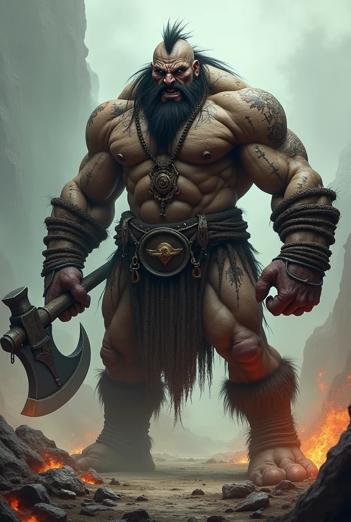 Make a very muscular warrior like a monster with a very big axe and very strong and angry