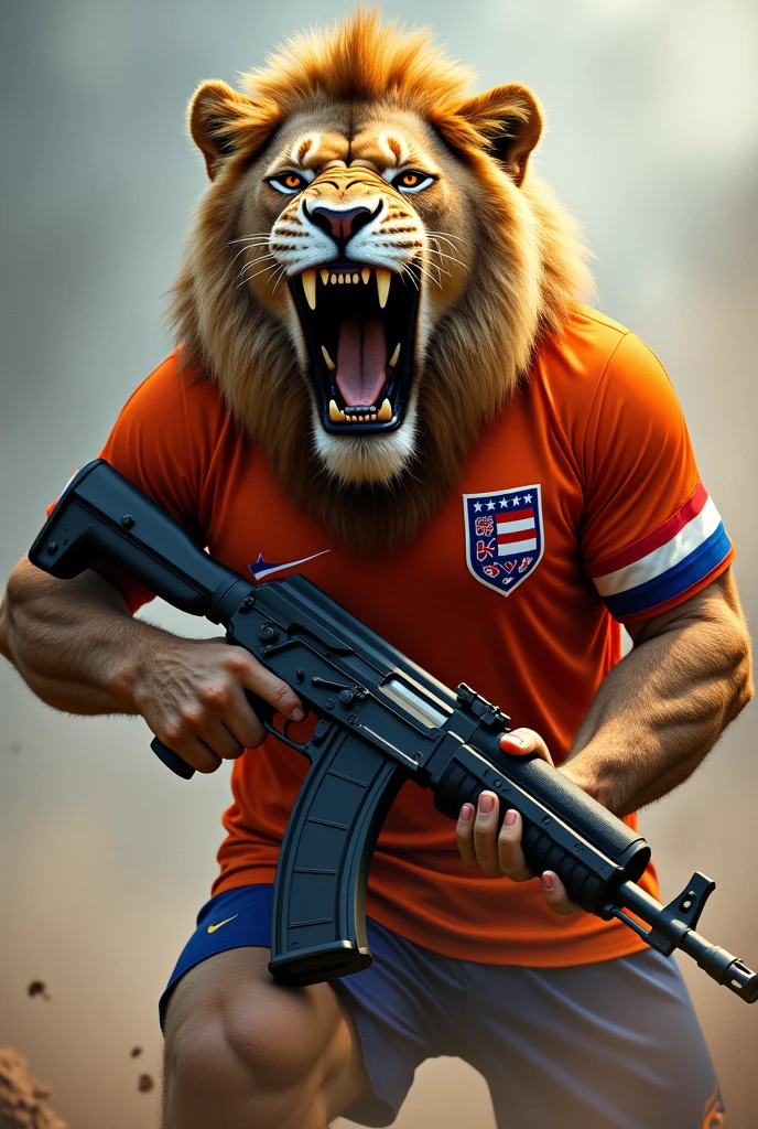 Make me a lion with the Netherlands shirt, very angry and strong. Make him with an AK47 in his hand and with a completely orange shirt. Make him animated and make him angrier. The Netherlands shirt has to be completely orange. Make him with terror and more realistic.