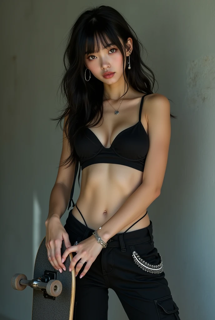 (Masterpiece, 8K, ultra HD, highest quality) An 18-year-old girl wearing black cargo pants with several white details, she has a seductive and naughty expression, she is wearing nothing on her torso and covering her breasts with a skateboard in her hands. She has piercings in her nose and earrings in her ears. Her waist is very thin, she is Japanese, and has long black hair with bangs. 