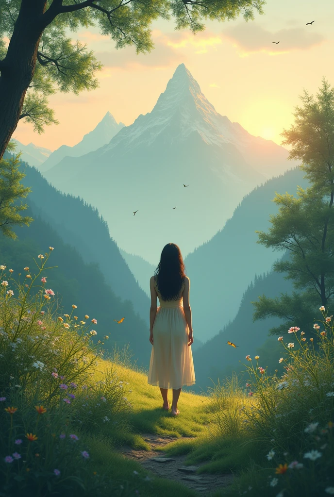 A lonely lady in the nature in evening, feeling the beautiful scenario of mountains and greenery nature's beauty and cute creatures 