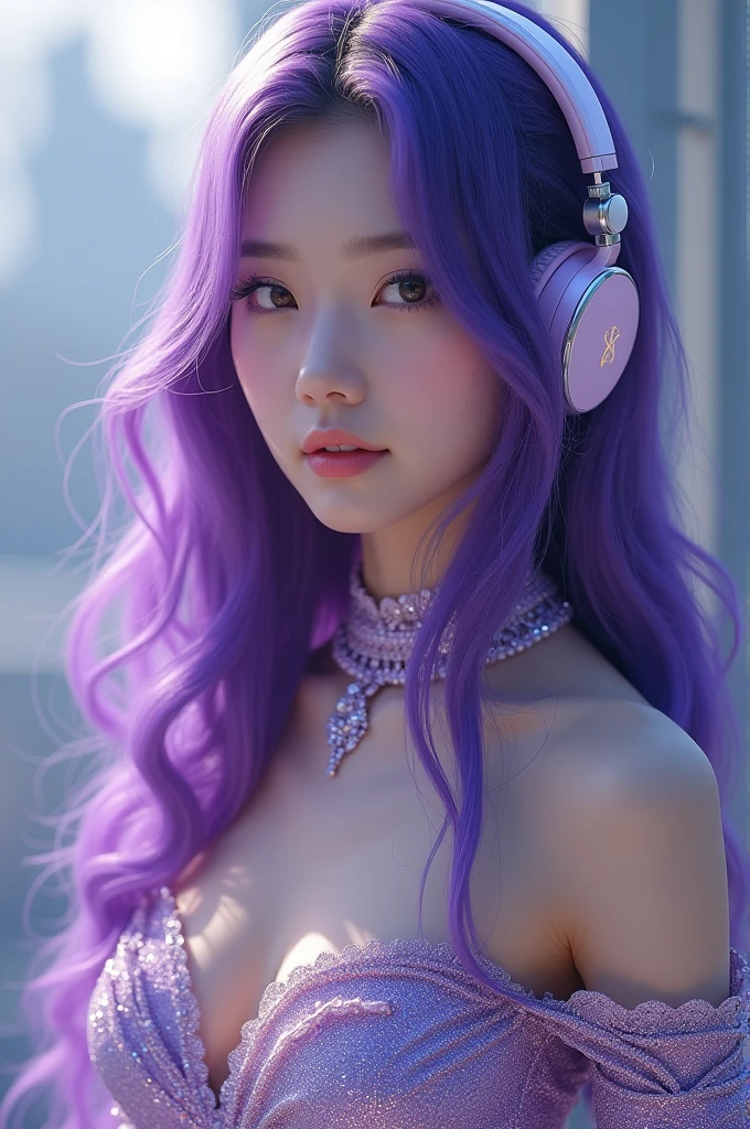 Korean purple hair butterfly woman with headphone and shiny glittering dress