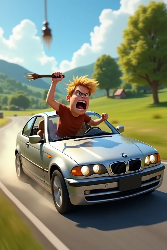 Generate an image: Im Stil von Pixar 3D-Animations-Filmen. An angry young man, slightly overweight with short blonde hair leans out of the side window of a speeding silver BMW E46 Compact on a country road and swings a mace.
