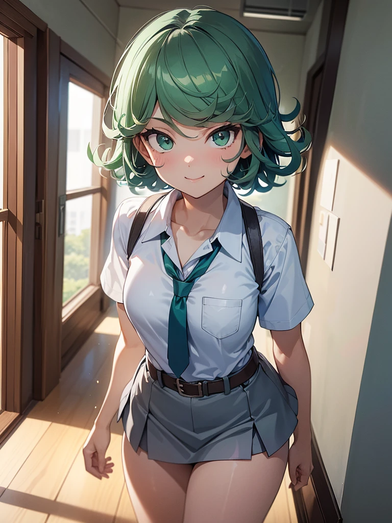 (high res, 8K, masterpiece, looking at viewer, best quality, very aesthetic, ultra detailed, ultra background, ultra Eyes) intricate details, 1girl, Tatsumaki, short sleeved white shirt, Light Blue Gray short skirt, Pockets on the left chest, light Blue Gray tie, Wearing a belt, green short hair, green eyes, Smile Face, Background School Hallway, Cinematic Angle