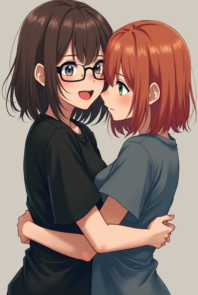 2 girl, friends, hugging tightly, emo/scene atrstyle. The first girl with brown hair slightly longer than shoulder length, a little messy and not straggly, the main length lies on the shoulders and a slanting fringe covering the left eye, gray-blue eyes and a black T-shirt, with round glasses, a little shorter, more cheerful. The second girl is reddish-orange hair slightly longer than shoulder length, about the same hairstyle as the first girl only more neat and slightly round, quite lush hair and with curtain bangs, dark green eyes, gray-blue T-shirt, slightly taller, more calm.