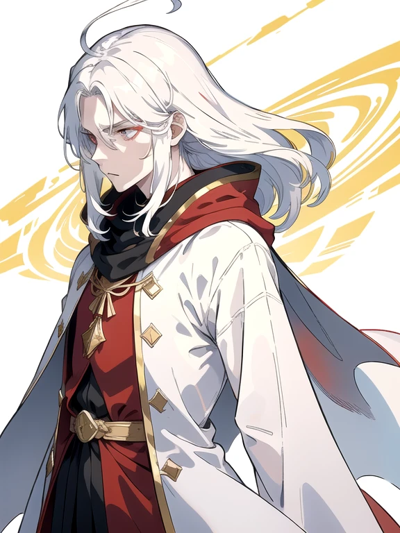 one  men, grown-up, long straight white hair, white cover with red stripes, mysterious golden symbols under the cloak in the chest and shoulder area, but they don&#39;t connect , Gray pants, slightly dirty brown boots that go below the knees, holds an old oak staff in his right hand, he carries a thick old book in his left hand, He has a handsome face that gives him a serious and strong appearance.., he is walking on a dirt road, He's in an ancient forest, with many pine trees that let in very little sunlight.