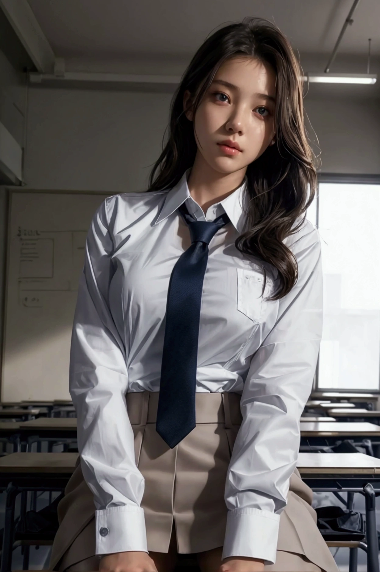 A girl sitting in a classroom, wearing a white collared shirt, long sleeves, tie, jacket, looking at the viewer, solo, realistic, highly detailed, cinematic lighting, 8k, photorealistic, masterpiece, digital art