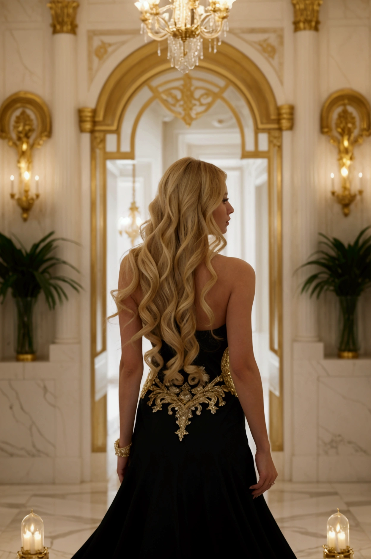 "A stunning, tall woman with long, flowing blonde hair, wearing elegant, black elegant dress that glimmers subtly in the light. She is entering an opulent, high-end restaurant with a grand, warmly lit entrance. The scene is from behind, capturing the elegance of her movement as she approaches the large, ornate doors. The restaurant's modern and luxurious details, like white and gold accents, marble floors, and chandeliers, add to the ambiance, creating a sophisticated and glamorous atmosphere. super real photo, like regular person