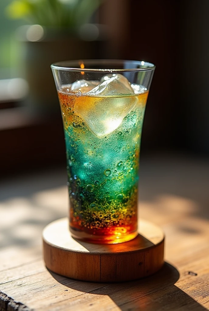 Create an image of epoxy drinking glass with 2 different colors on the glass  and the base should be of wood