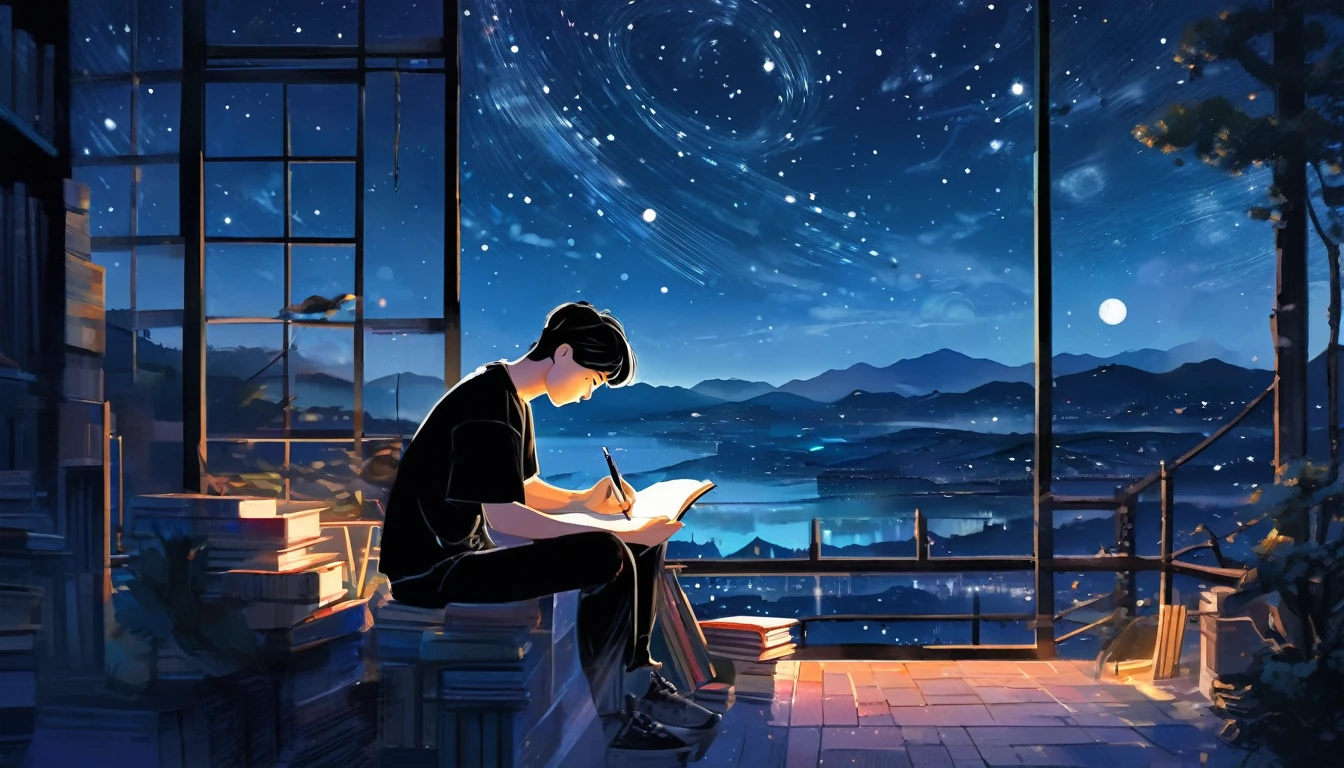 A young Korean man in a black T-shirt is writing a book under the night sky, Digital Art, Marshall Arisman, Cover illustration, 70mm, 70mm, 70mm, book Cover illustration, Brigette Balager, Album cover, novel Cover art for a book, Book cover art concept, Cover art, 7 feet tall