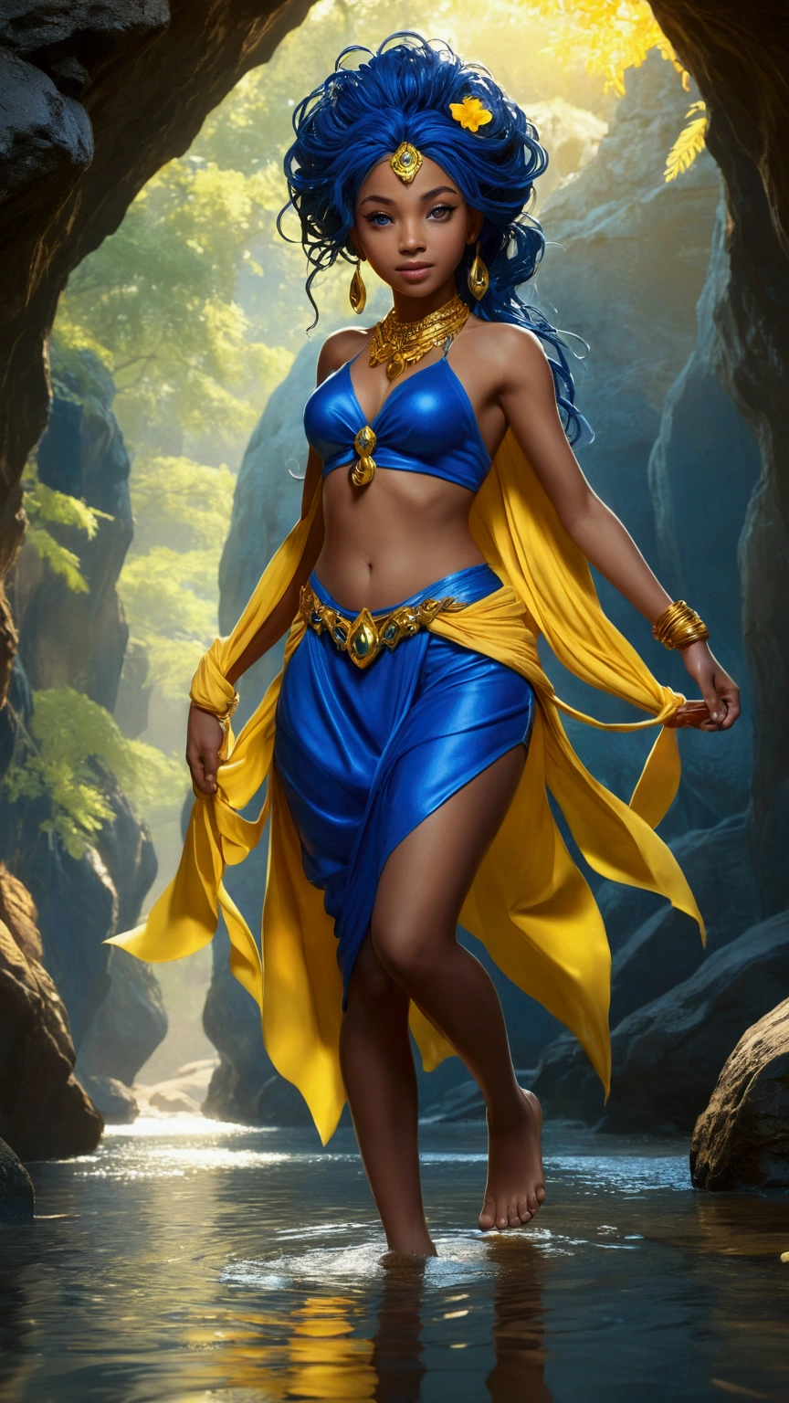 a big-eyed anime-like Latina girl dressed in sapphire blue and yellow walking along a river, 6 years old breasts and navel exposed, bare arms, well contoured exposed legs, barefoot, bare hips,Walk inside a cave with lots of lighting and warm, magical colors,water reflections very well.Artgerm Julie Bell Beeple, epic 3d oshun, extremely detailed artistic germ, [ trend on CGSociety ]!!, inspired by cg society, CGSOCIETY contest winner!!, Iván Talavera and Artgerm Style, Senna de League of Legends