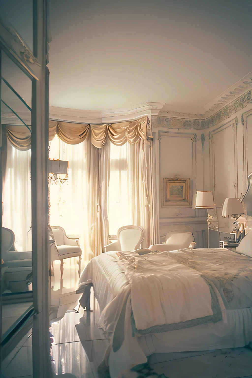 a white dreamy house, bedroom, retro, foggy, soft focus, year of 1995, cool lighting, muted pastel colors, glowing atmosphere, dramatic, cinematic composition, dream-like quality, ethereal, romantic, soft focus photography, golden hour, windy, marble, silver and mirrors, hazy