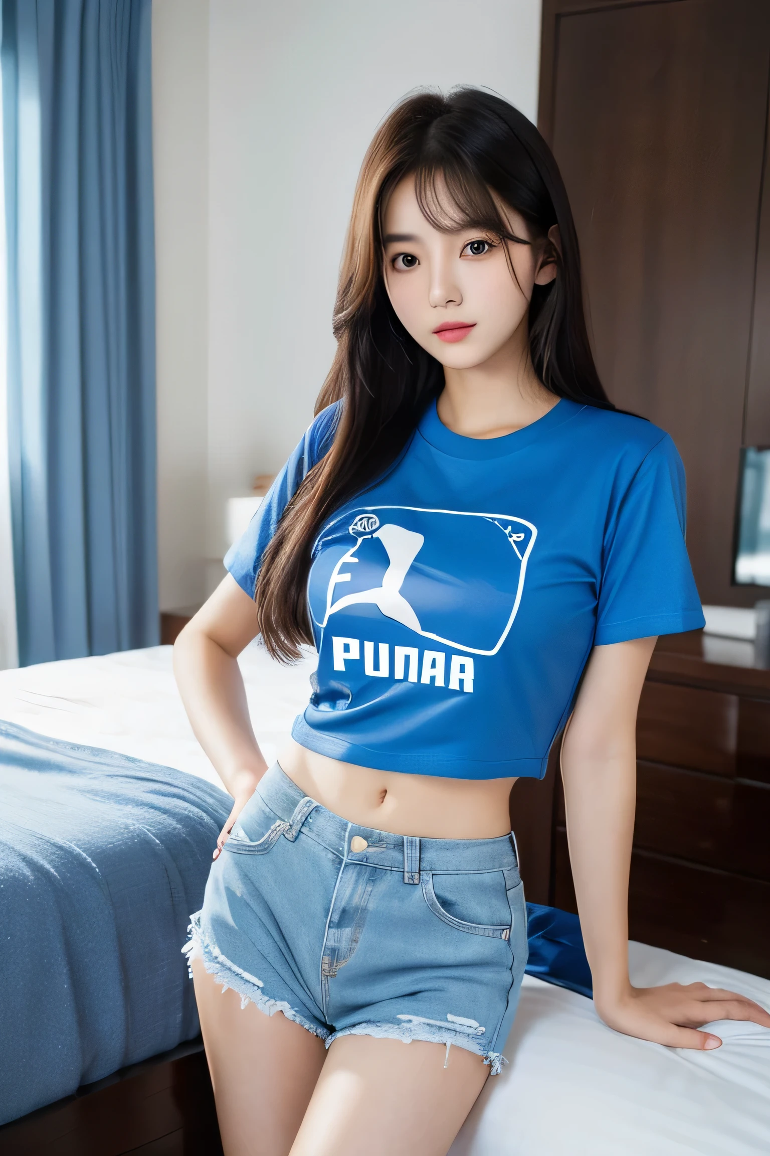 one ultra realistic raw photo of pretty korean girl ,standing in standing in her bedroom , wearing blue color panty and ultra real puma logo t-shirt, realistic face, ultra detailed photo, 24 year old,photo real face