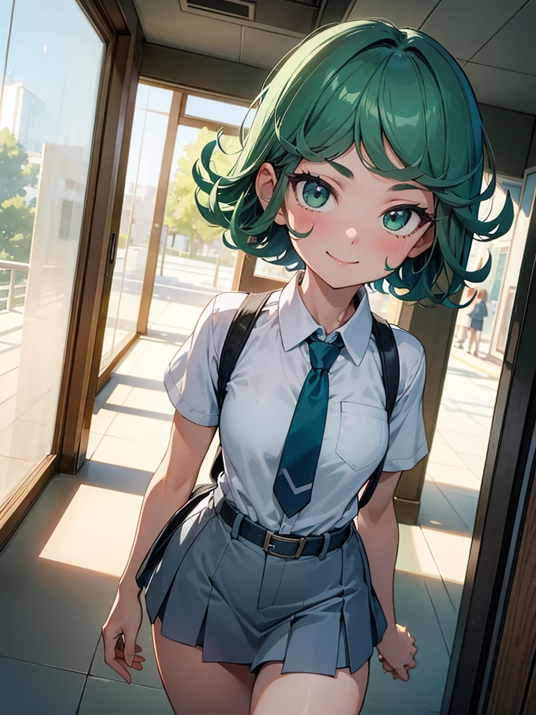 (high res, 8K, masterpiece, looking at viewer, best quality, very aesthetic, ultra detailed, ultra background, ultra Eyes) intricate details, 1girl, Tatsumaki, short sleeved white shirt, Light Blue Gray short skirt, Pockets on the left chest, light Blue Gray tie, Wearing a belt, green short hair, green eyes, Smile Face, Background School Hallway, Cinematic Angle