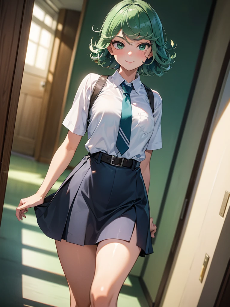 (high res, 8K, masterpiece, looking at viewer, best quality, very aesthetic, ultra detailed, ultra background, ultra Eyes) intricate details, 1girl, Tatsumaki, short sleeved white shirt, Light Blue Gray short skirt, Pockets on the left chest, light Blue Gray tie, Wearing a belt, green short hair, green eyes, Smile Face, Background School Hallway, Cinematic Angle