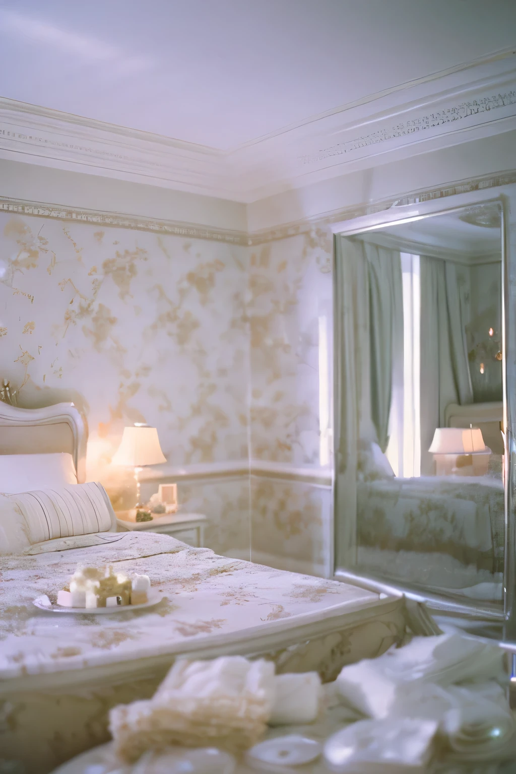 a white dreamy house, bedroom, retro, foggy, soft focus, year of 1995, cool lighting, muted pastel colors, glowing atmosphere, dramatic, cinematic composition, dream-like quality, ethereal, romantic, soft focus photography, golden hour, windy, marble, silver and mirrors, hazy