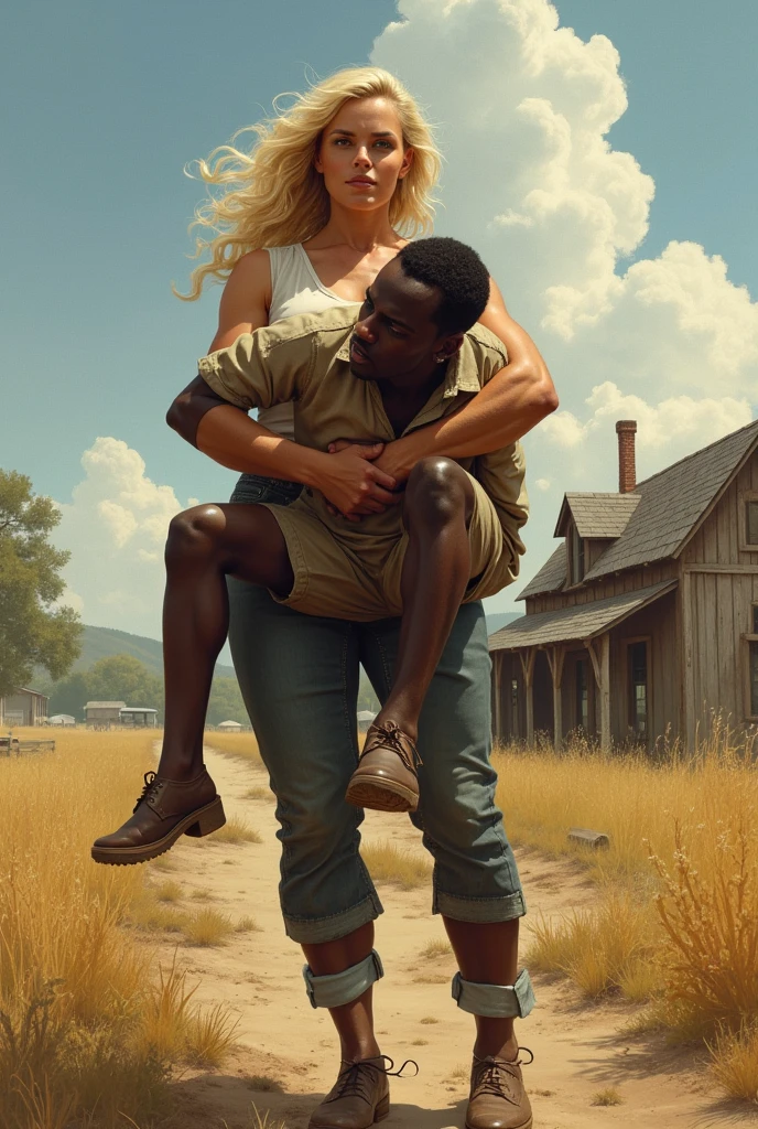 A blonde American woman, white, strong and tall, in her early 20s, easily lifts and carries a strong black man and slave worker on a farm in the 19th century.