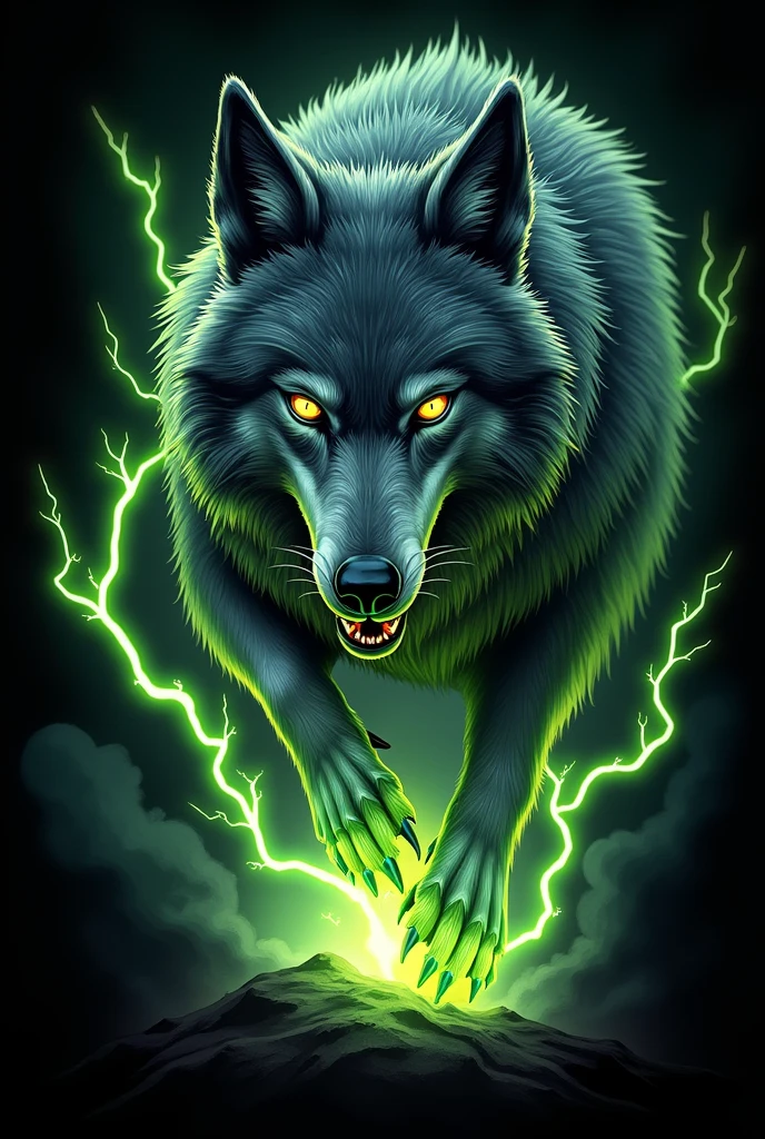 generate a logo for a profile picture of a gray wolf with green electricity powers with black 3d outline