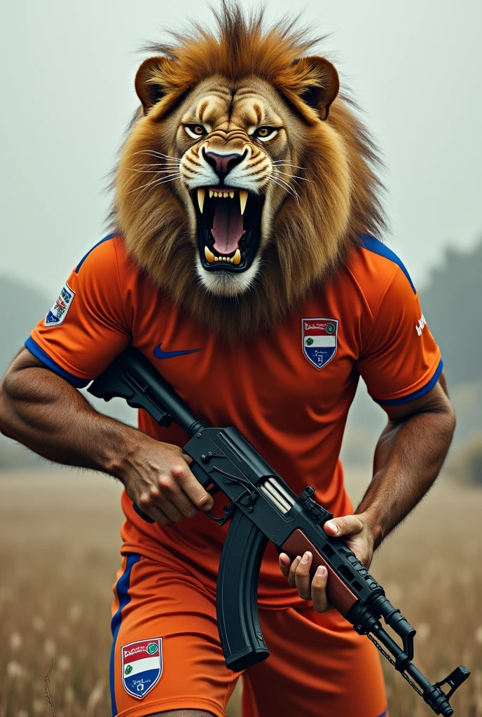 Make me a lion with the Netherlands shirt, very angry and strong. Make him with an AK47 in his hand and with a completely orange shirt. Make him animated and make him angrier. The Netherlands shirt has to be completely orange. Make him with terror and more realistic. Make him more serious and with the completely orange Dutch shirt. Make him stronger.