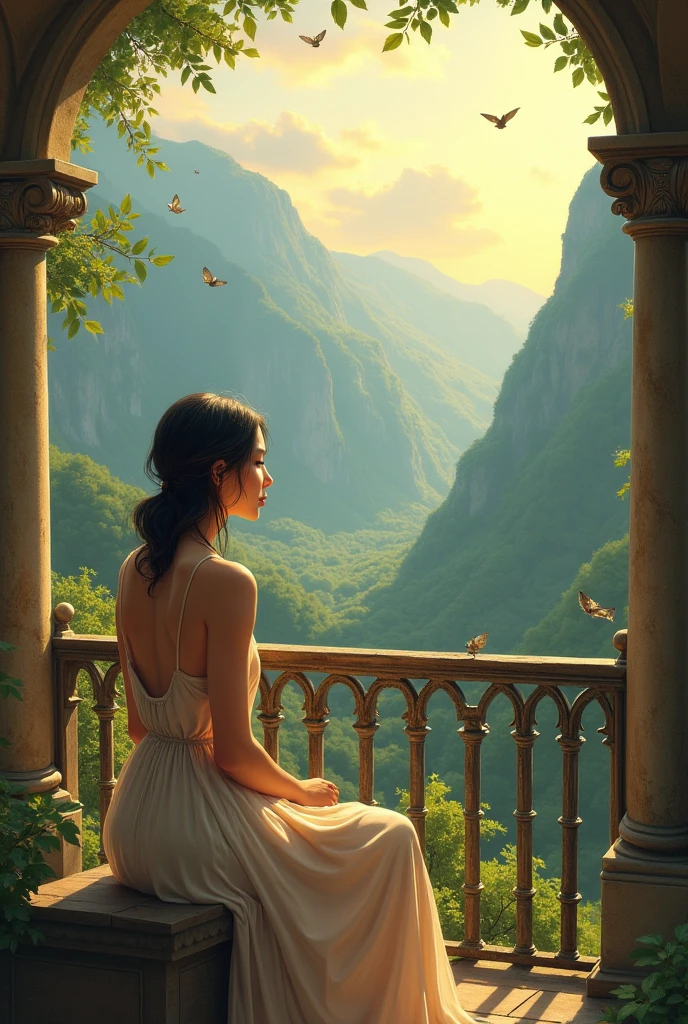 A lonely lady sitting in late evening, feeling the beautiful scenario of mountains and greenery nature's beauty and cute creatures from the balcony
