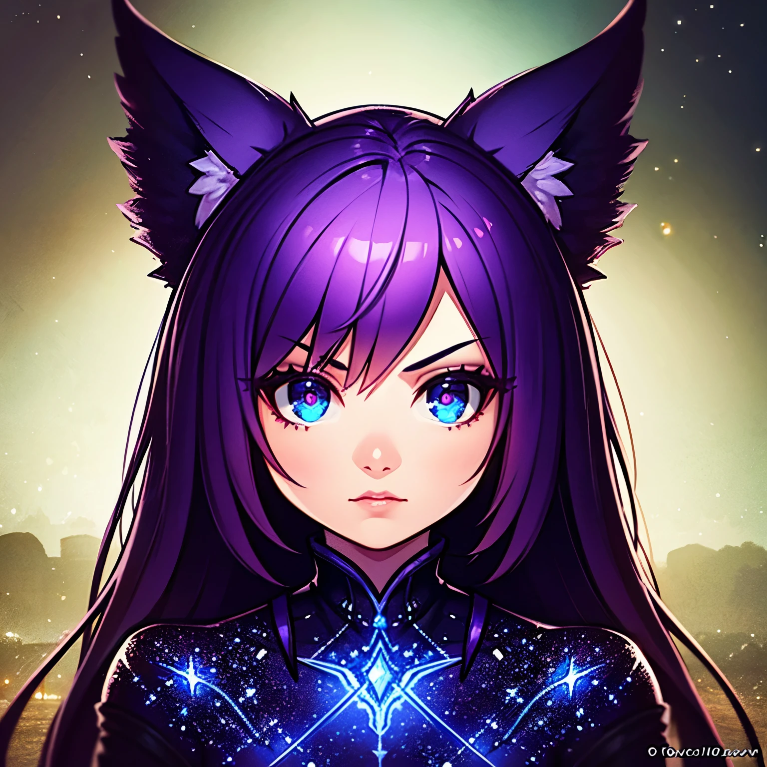 a 10 year old girl, white wings on back, fox ears, purple hair, serious expression, purple energy around, beautiful detailed eyes, beautiful detailed lips, extremely detailed face and features, 1girl, fantasy, magical realism, cinematic lighting, dramatic lighting, dark moody, mood lighting, vibrant colors, digital art, concept art, 8k, best quality, masterpiece, ultra-detailed, photorealistic, physically-based rendering