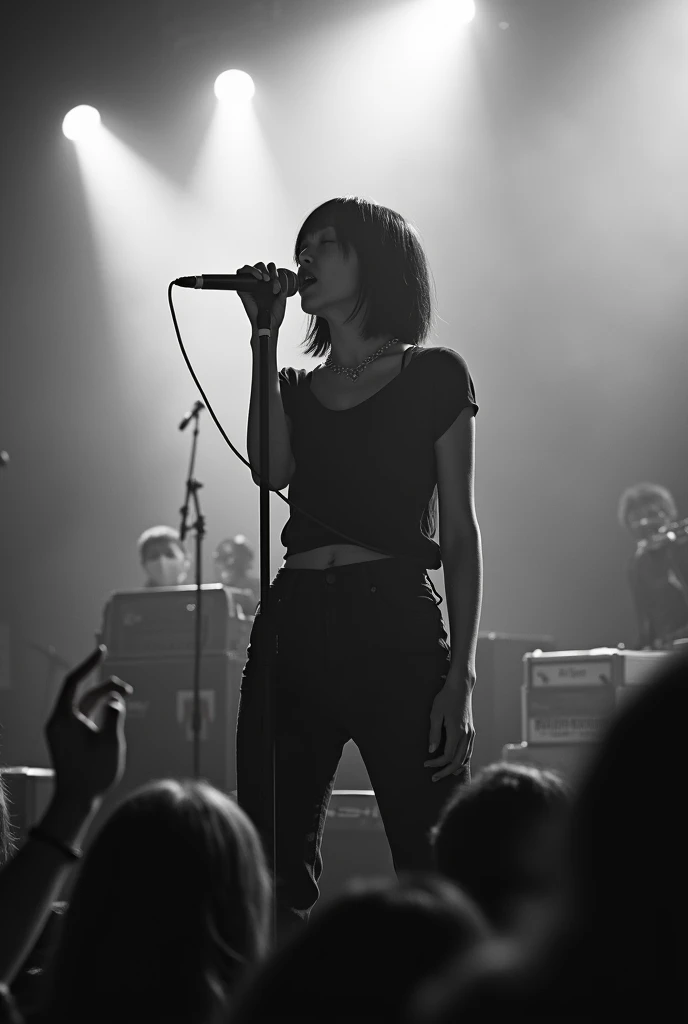 Short Bob、Japan Female Vocals、Japanese、8k、live house、A large audience、Black and white photography、Punk Rock、Smoke filling the stage、
