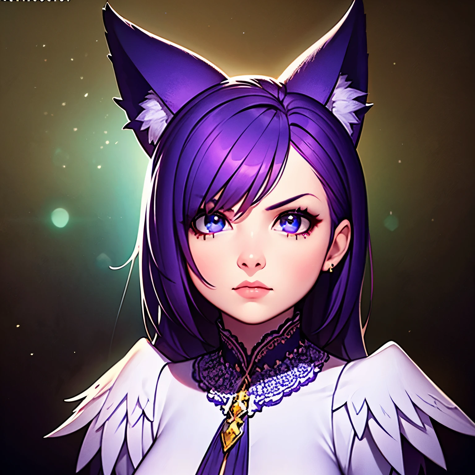 a 10 year old girl, white wings on back, fox ears, purple hair, serious expression, purple energy around, beautiful detailed eyes, beautiful detailed lips, extremely detailed face and features, 1girl, fantasy, magical realism, cinematic lighting, dramatic lighting, dark moody, mood lighting, vibrant colors, digital art, concept art, 8k, best quality, masterpiece, ultra-detailed, photorealistic, physically-based rendering
