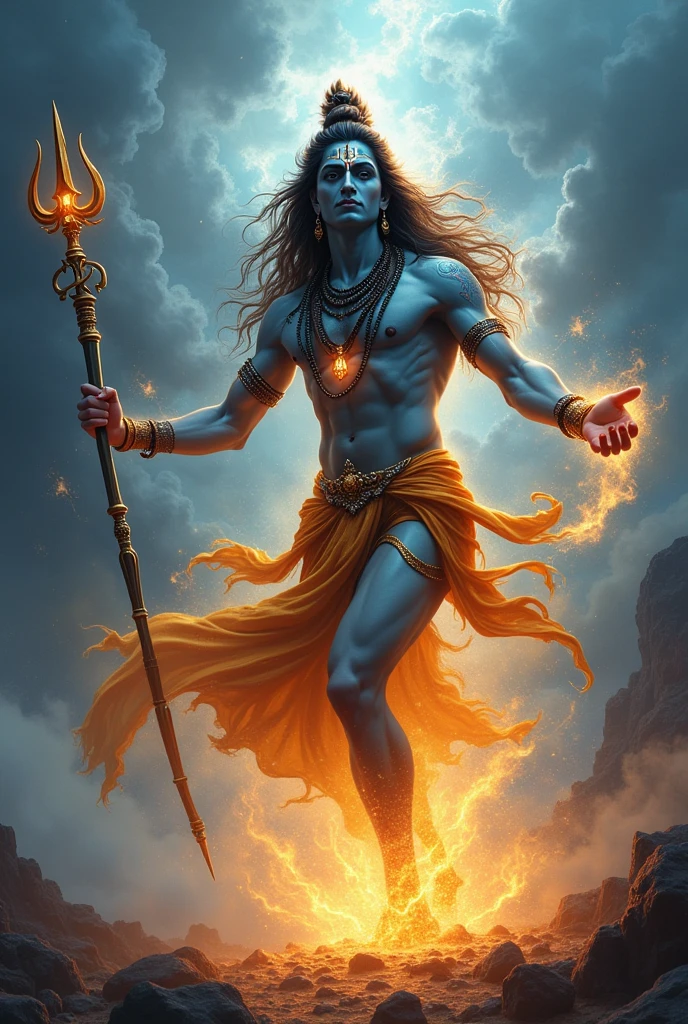 Shiv shankar name's lord( near stand trident),full dody lite,in art,  tandav , third eye  open    focus face