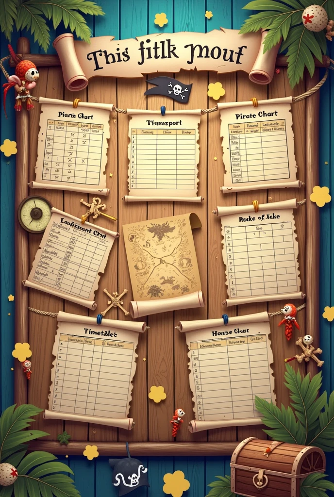 Provide me design of school soft board including birthday chart ,transport chart, time table , house chart
Theme is pirates 
The design should be in landscape mode
And be more creative with the charts and time table providing them unique style according to the theme pirates