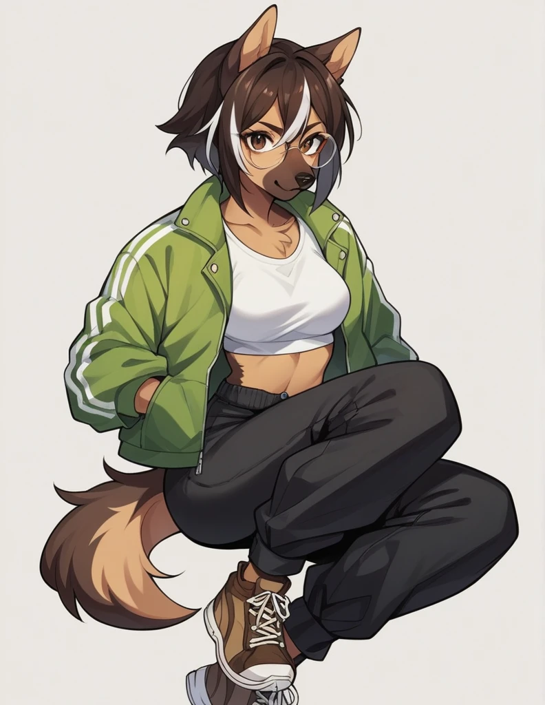 solo, score_9, score_8_up, score_7_up, score_6_up, score_5_up, source_anime, score_4_up, German Shepherd Anthro, Female One, perfectbody, Medium chest, chestnut hair, white streak in bangs, brown dark eyes, cropped preto, elongated fur-lined jacket, baggy pants (black pants), looking at the viewer, round glasses (white glasses), black sneakers (brown sneaker sole)