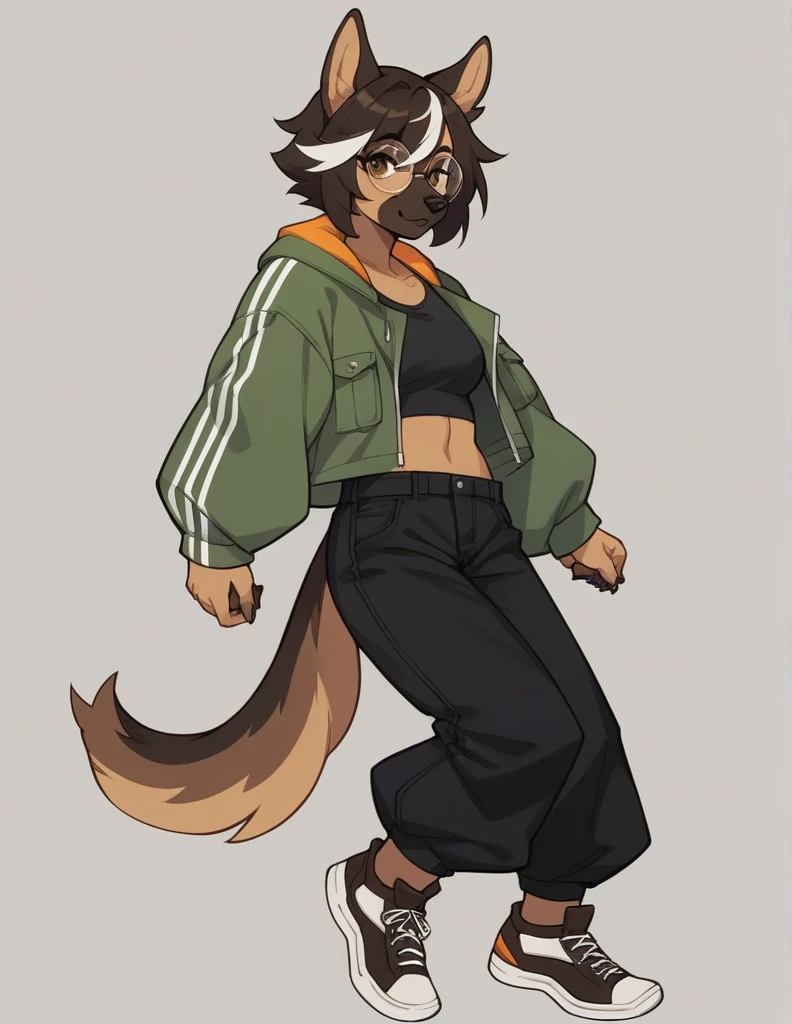 solo, score_9, score_8_up, score_7_up, score_6_up, score_5_up, source_anime, score_4_up, German Shepherd Anthro, Female One, perfectbody, Medium chest, chestnut hair, white streak in bangs, brown dark eyes, cropped preto, elongated fur-lined jacket, baggy pants (black pants), looking at the viewer, round glasses (white glasses), black sneakers (brown sneaker sole)
