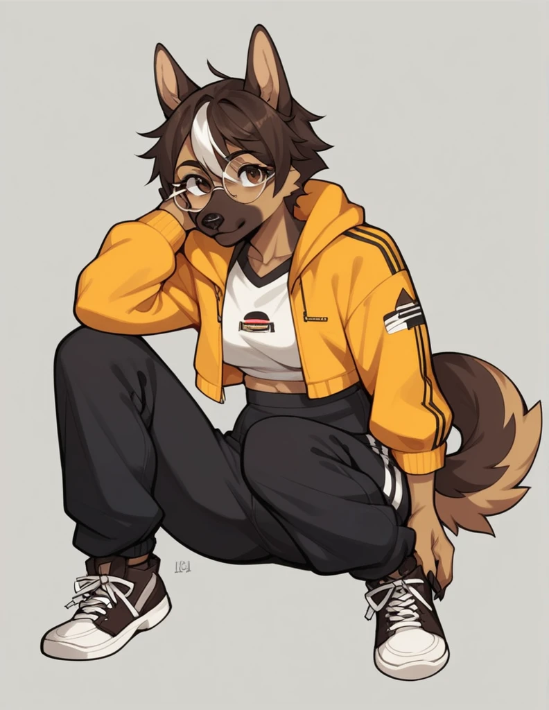 solo, score_9, score_8_up, score_7_up, score_6_up, score_5_up, source_anime, score_4_up, German Shepherd Anthro, Female One, perfectbody, Medium chest, chestnut hair, white streak in bangs, brown dark eyes, cropped preto, elongated fur-lined jacket, baggy pants (black pants), looking at the viewer, round glasses (white glasses), black sneakers (brown sneaker sole)