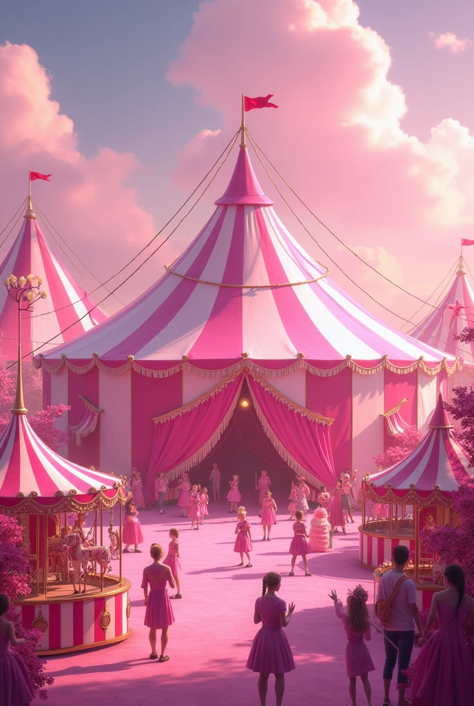 A lively circus scene with a big top tent as the centerpiece, decorated entirely in various shades of pink. The tent's fabric is striped with light and dark pink, glowing softly under the bright lights. Surrounding the tent, there are carnival booths and rides, all painted in pink hues, from cotton candy stands to carousel horses. The sky above is a pastel pink, with fluffy pink clouds. Performers like clowns, acrobats, and jugglers are dressed in pink costumes, and even the audience is wearing pink clothing, adding to the whimsical, dreamy atmosphere of the circus.