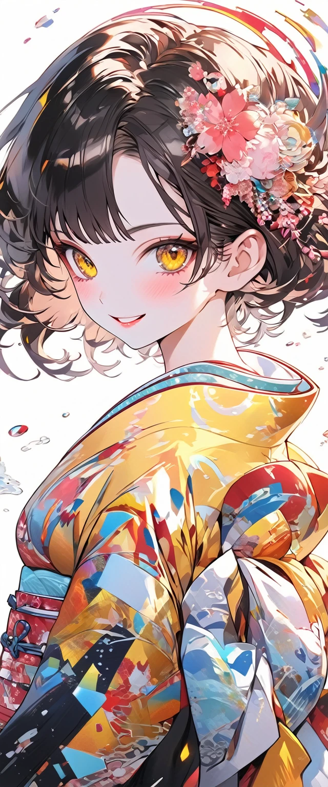 masterpiece, ultra high quality, (ultra detailed original illustration), ((chibi mode)),( cheerful facial expression, yellow eye, short hair, crimson hair, Radiant smile, Upper body, perfect body), ((Fashion Kimono)), ((Sakura Flowers)(painted)), double exposure, fluid abstract art fusion, glitch, ( 2D), ( original illustration composition), ( limited color fusion, maximalism art style, geometric art style, fire, pop art), yellow theme, black background