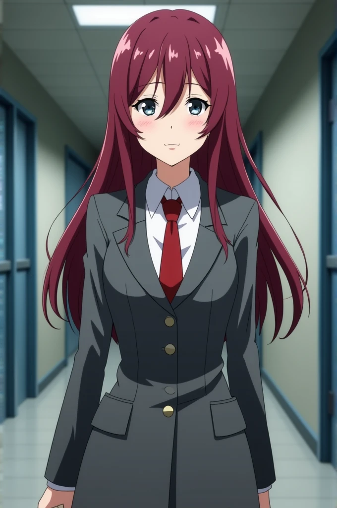 Boku no hero academia screenshot, beautiful woman, straight wine red hair with side bangs, Chinese eyes, grey eyes , expression would be,uniform gray coat red tie,walking , school hallway background